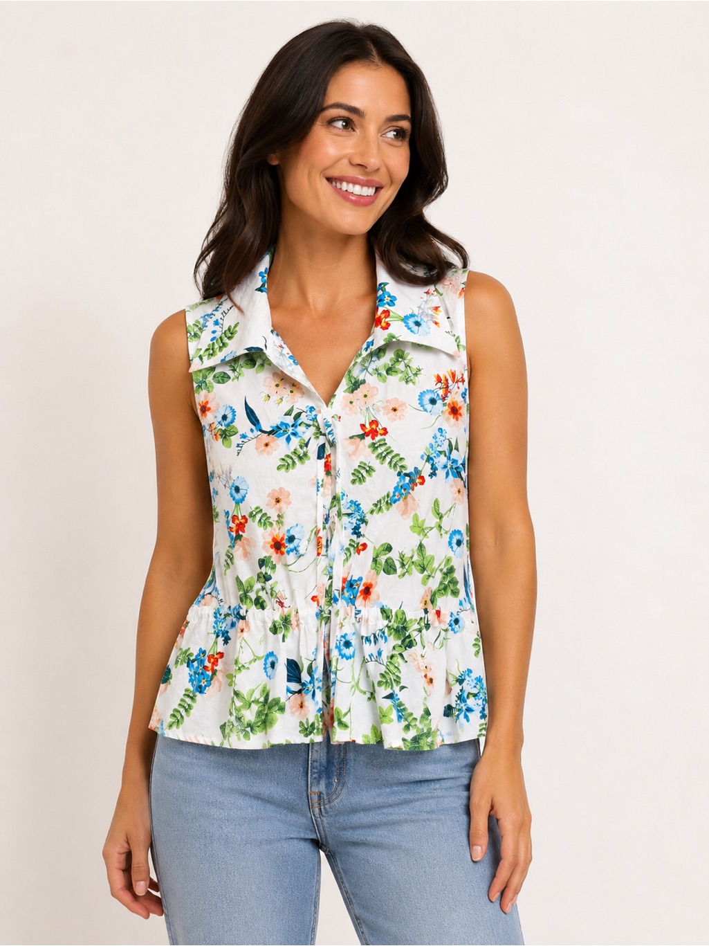 Marc New York Floral Collared Sleeveless Top In White With Blue & Green Accents